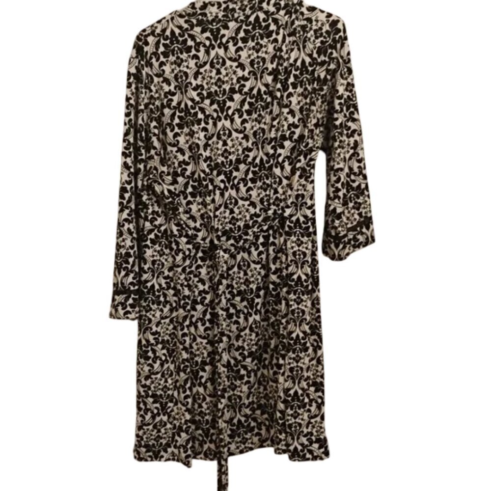 Linea Donatella Size L Black and White Floral Open Robe Cardigan Duster With Tie